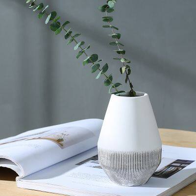 Tall High Quality White Simple Stripe Artificial Flowers Ceramic Vase Artware For Wedding Decoration photo-2