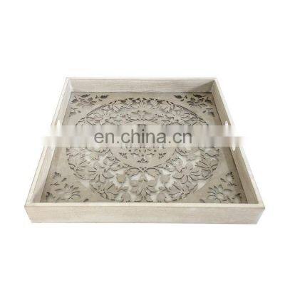 K&B wholesale custom rustic wood white serving trays with handles for home kitchen china tray