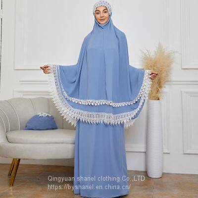 Byshanel Chiffon Islam Prayer Dress Woman Jilbab 2 Piece Ramadan Scarf Arabic Robe Turban Abaya Kimono Muslim Hijab Khimar Eid Mubarak