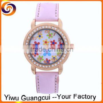 2016 new rhinestone gold flower watch with leather band                        
                                                Quality Choice