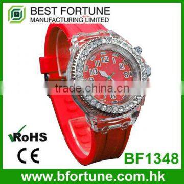 BF1318 ABS Case LED flash 3 hands with Stone silicone strap quartz watch with flashing light