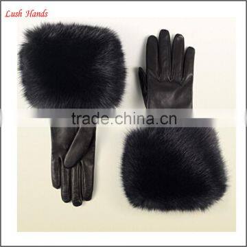 sexy women wearing fashion fox fur cuff genuine leather glove