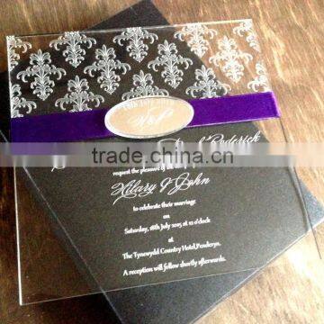 Hot sale elegant transparent acrylic wedding invitations with white screen printing & purple ribbons