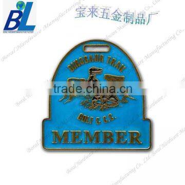 Custom die struck metal golf bag name tag wich blue enamel