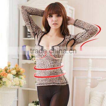 Womens Open Armpit Leopard Chest Lift Plush Plus Heated Long Underwear