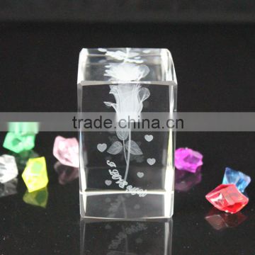 promotional wedding gift crystal 3d rose laser engraving cube