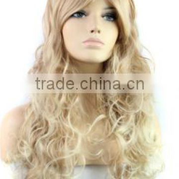 blond long curly synthetic wig with side bangs