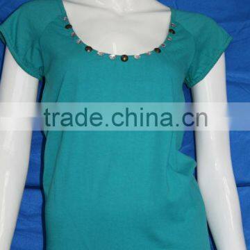 Hand sewn beaded neck cotton sarees blouse designs
