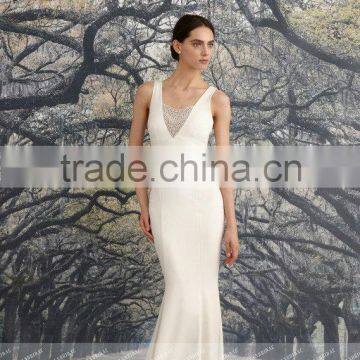 LC8 Hot Sale Sexy V Neck Backless Wedding Dress 2015 Beaded Bust Mermaid Floor Length Vestido De Boda Corto