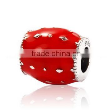 European 925 sterling silver Waist Drum Charm with Red Enamel Fit sterling Bracelet Necklace Chain