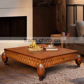 Coffee Table Teak Wood With Square Shape Top Diamond Ornament Patron Natural Color