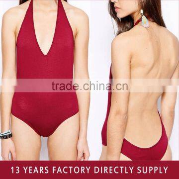 2015 New Design Sexy Lady Viscose Fabric Deep V Slim Women Bodysuit