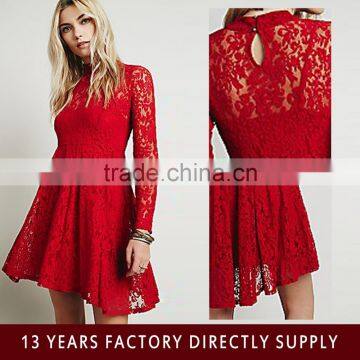 2015 new fashion wedding dress long sleeve red lace dress lace crochet evening dress