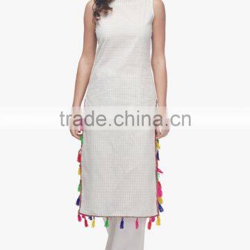 Latest Elegant Off White Printed Sleeveless Pathani Kurta With Pom Pom Trim Designer Long Kurti Designs HSd5016 photo-2