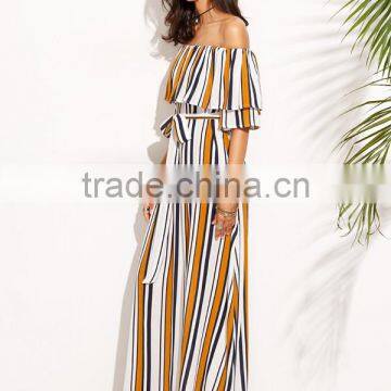 Woman Fashion Striped Off The Shoulder Tie Waist Chiffon Maxi Dress photo-4