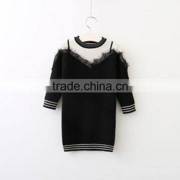 High quality child elegant white black patchwork long sweater with lace