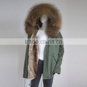 Myfur European Fashion Adults Fur Parka With Faux Fur Lining Real Raccoon Fur Hooded