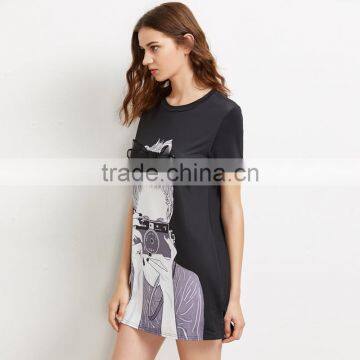 Printed Black Bow Dresses for 15-20 Years Girls Short Sleeve Tee Dress photo-3