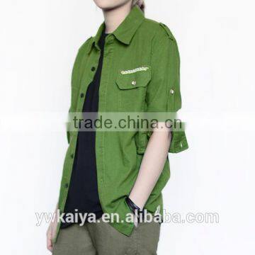 2014 hot sale fashion leisure green 100% cotton fancy 7-sleeve blouse for women