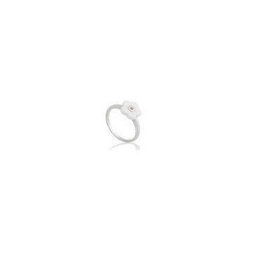 White Ceramic Silver Ring With Flower Shape , Rhodium Plated Ring CSR0862