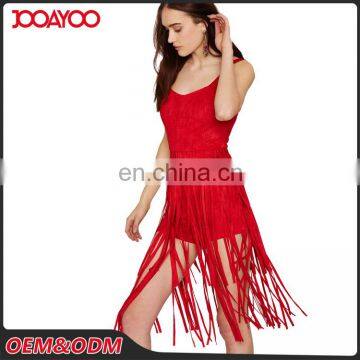 2016 V-neckline Adjustable Shoulder Straps Red Fringes Romper Sleeveless Bodycon Ladies Jumpsuit