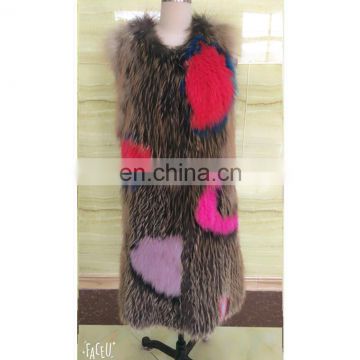 real fox fur vest with irregular bright pattern long waist for women