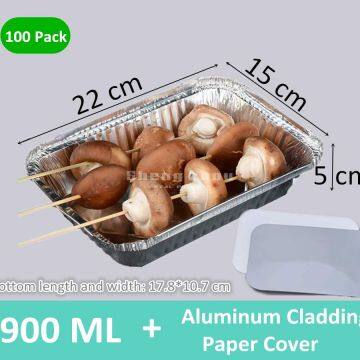 100 Pack Aluminum Pans with Aluminum Cladding Paper Lids,Deep Steam Table Pans, Rectangular Aluminum Grill Pans (900 ML)