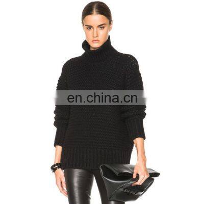 Turtleneck Fashion Lady Crochet Knit Black Chunky Wool Sweater