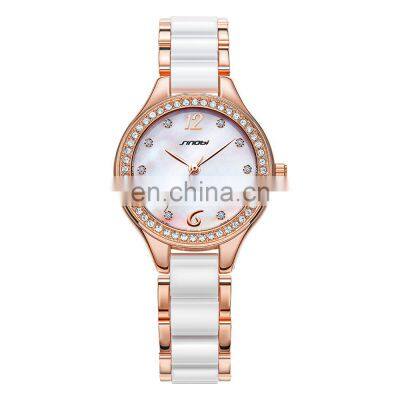 SINOBI Elegant Bracelet Ladies Wristwatch Dazzling Diamond Jewelry Watch Ceramic Images Band Quartz Watches S9581L