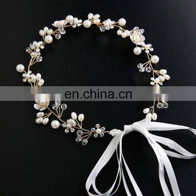 Elegant Bridal Wedding Hair Accessories Crystal Pearl Flower Girl Headband Ribbon Headpiece Hair Jewelry Accessories photo-2