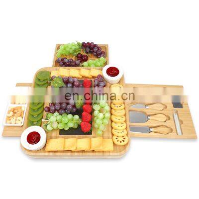 Bamboo Cheese Charcuterie Serving Tray Marble Platters Board With 3 Drawers