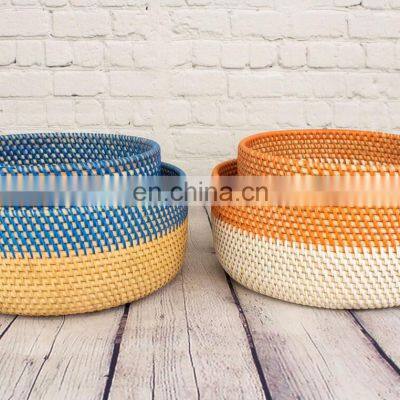 Rattan Storage Basket Tray in Blue & Orange Boho Home Decor photo-5