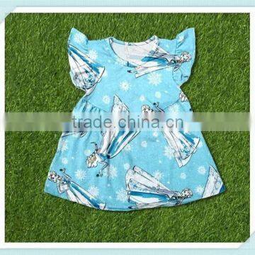 Latest style frozen elsa print girls summer dresses flutter sleeve dress for baby girl childrens boutique clothing dress