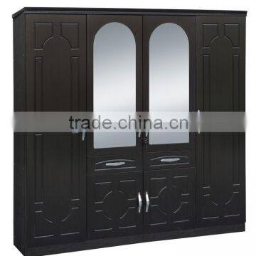 wardrobe 4 doors black color middle double mirror pvc coated wardrobe