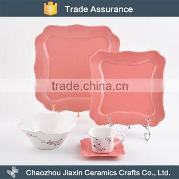 New design pink and white decal square ceramic tableware set