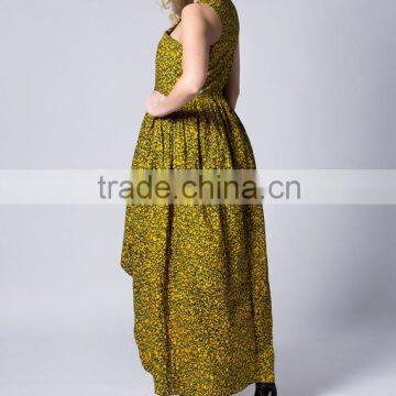 Front Short Long Back Yellow Batik African Dashiki Designs Cotton Long Umbrella Dress photo-2