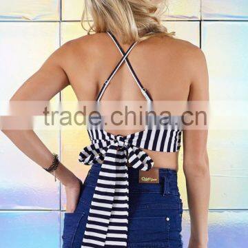 Adjustable Halter Neck Straps White and Navy Striped Halter Crop Top Women photo-4