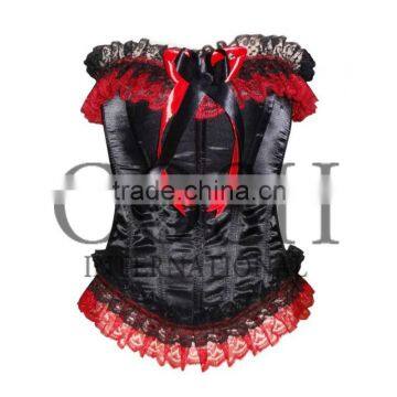 Overbust steel boned corset in black satin with red ruffle Ci-1164