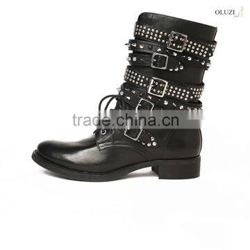 olzb21 latest design alibaba women's hot rivets studded cow skin made lace up three buckle black low heel boots