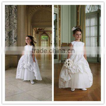 Sleeveless Lace Taffeta Flower Beading Tulle Champagne Colored Flower Girl Dresses(FLMO-3065)