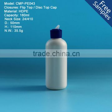 White 180ml HDPE bottle with disc top cap, 6oz plastic HDPE disc top bottle