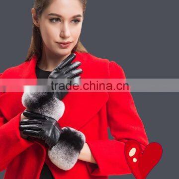 Ladies Wearing Leather Gloves With Gradient Rex Rabbit Fur Trim Genuine Sheep Skin