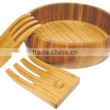 bamboo salad bowl with 2 forks