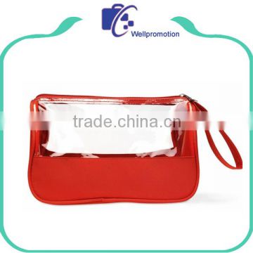 Wrist strap microfiber and clear pvc makeup cosmetic pouch bag