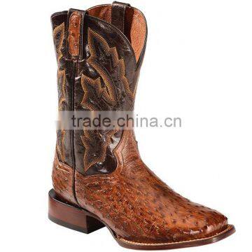 Brown black full-grain leather shaft western quilled ostrich cowboy boots wholesale