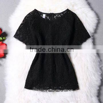 Wholesale 2016 Summer Women Black White Pink Tops Lining Lace Blouses Back Zipper Short Sleeve Slim Fashion Design Lady Blouse photo-6