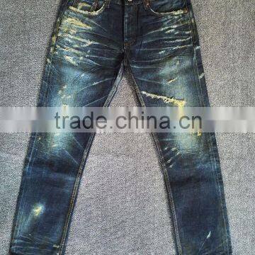 Custom High quality vintage wash distressed Japanese selvedge jeans denim selvedge denim jeans (LOTV024