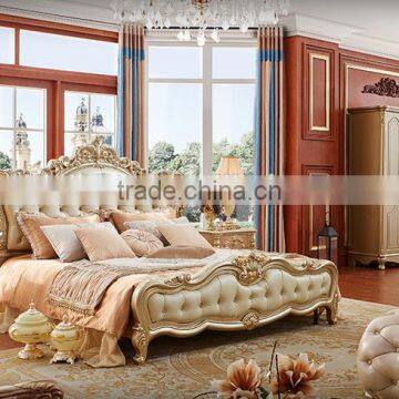 Neoclassic bedroom furniture solid wood gold painting genuine leather double bed