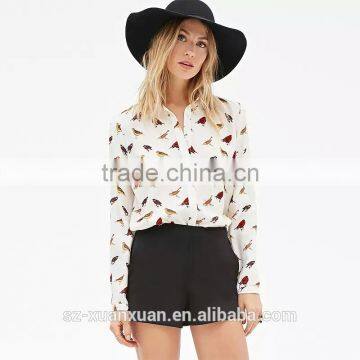 2016 Plain White Casual Long Sleeve With Animal Printing Shirt for Girls