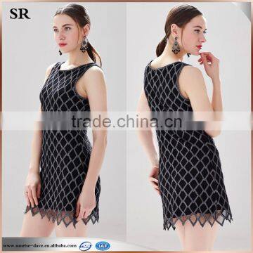 Black square pattern jagged edges cut-out crochet dress for ladies SR-D9786